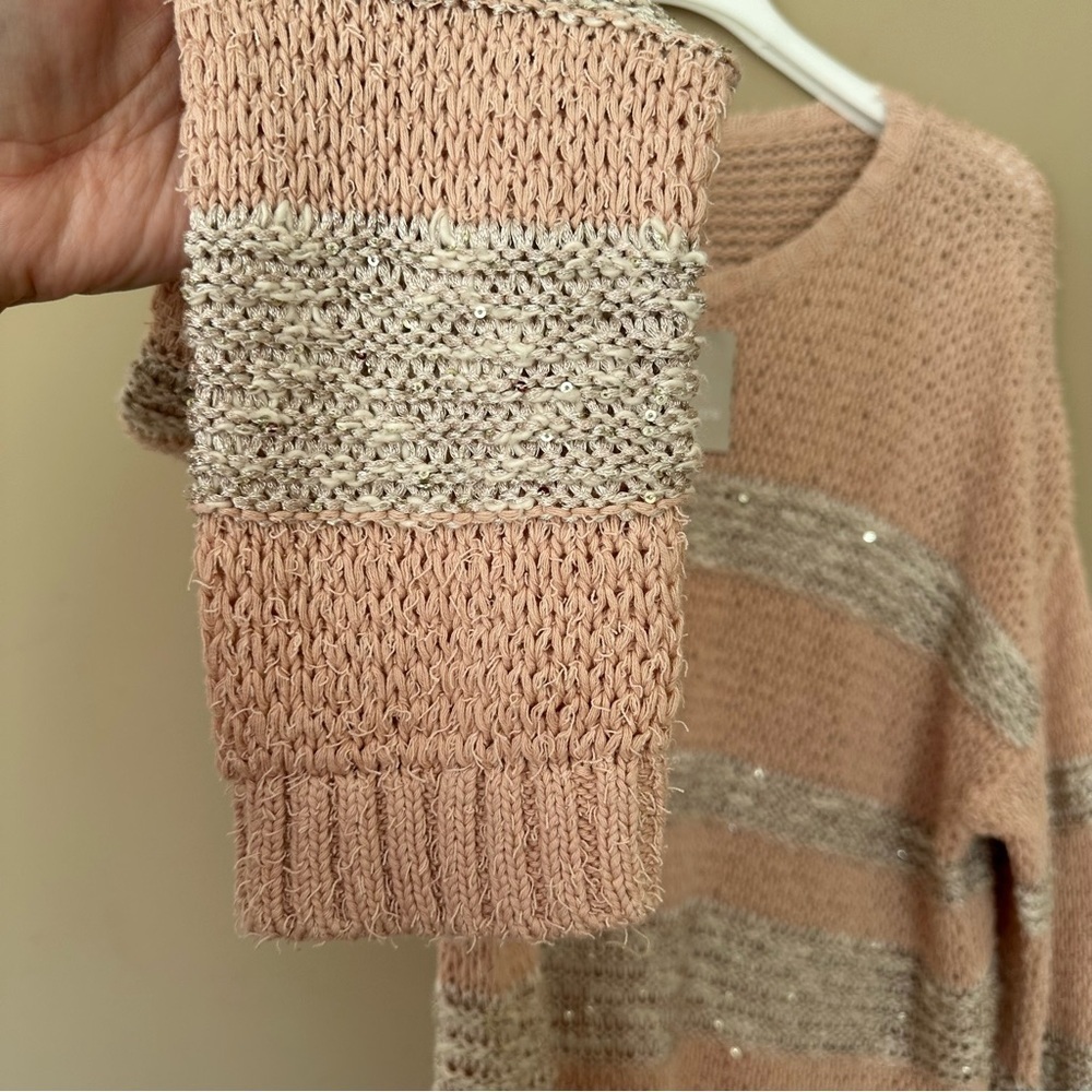 Chico’s Large (3) Pink Sweater Marley Sparkle Stripe Pullover Tunic Length Fall - Picture 6 of 9